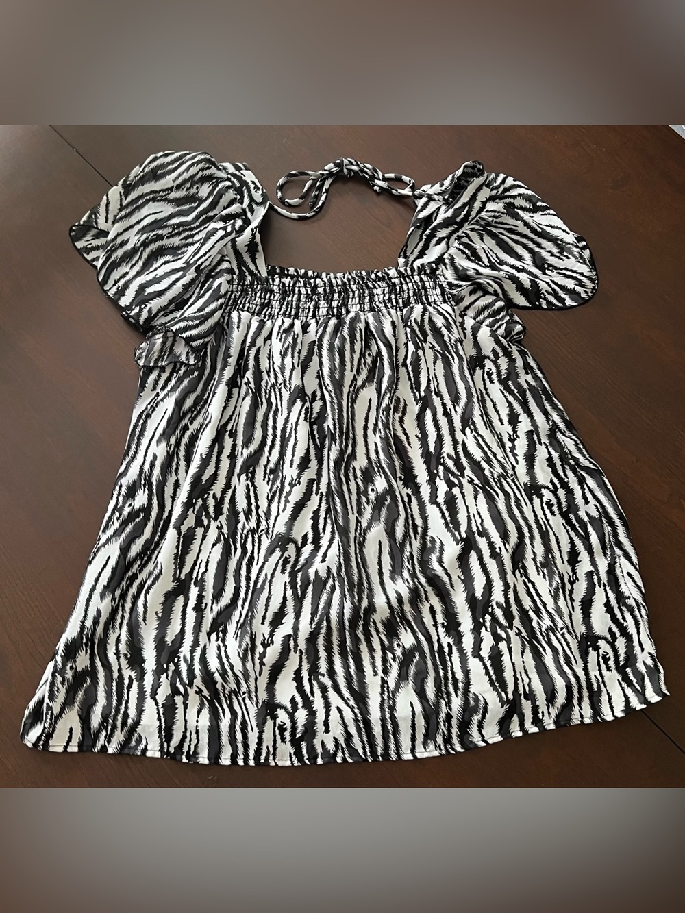 Studio Black & White Zebra-Print Smocked‎ Halter Puff Sleeve Top